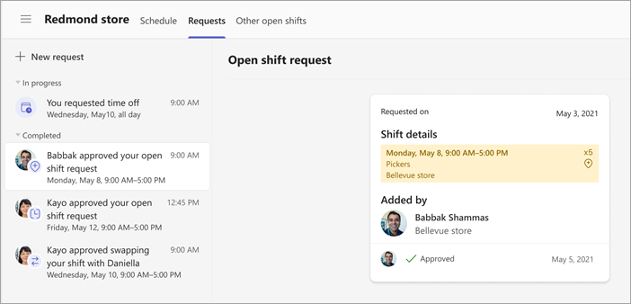 Screenshot of a worker's open shift request approved by a manager.