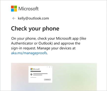 Screenshot showing the sign in prompt with text saying check your Outlook app