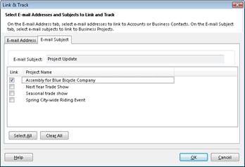 The Link and Track dialog box on the E-mail Subject tab, with a check box next to a Business Project selected.