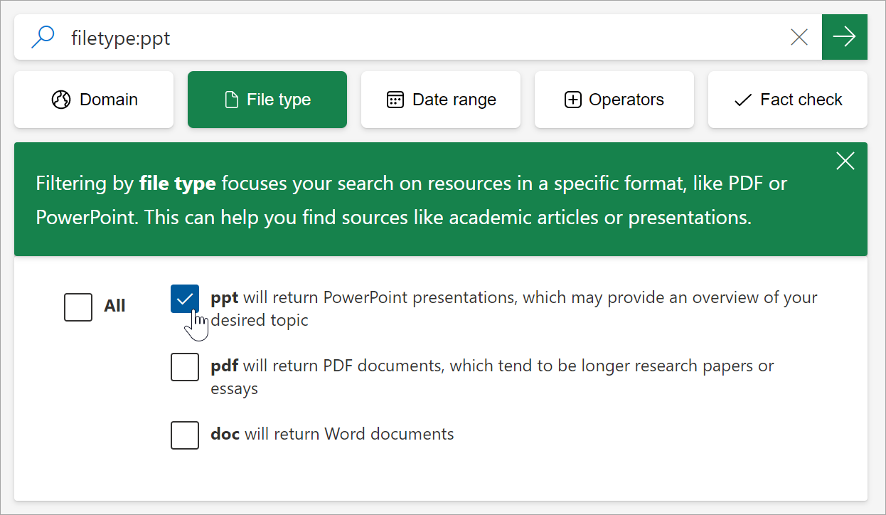 screenshot of selecting pdf from the filetype options. Filetype:pdf gets populated into the search bar.