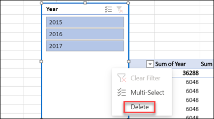 Context menu of PivotTable slicer in Excel for the web