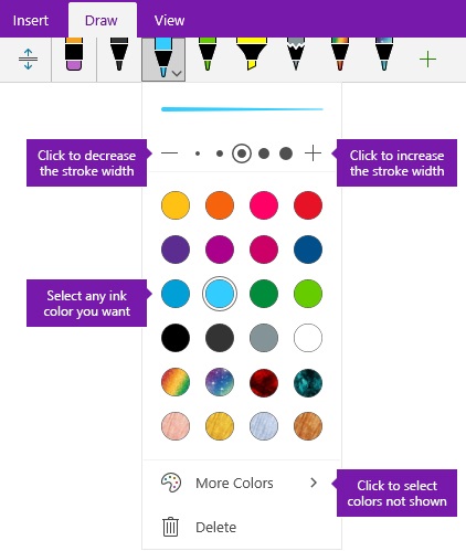 Ink stroke width and color options in OneNote for Windows 10
