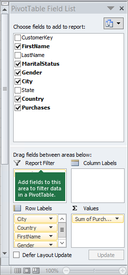 Report Filter in PivotTable Field List pane