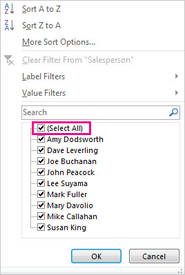 Select All box in the Filter gallery