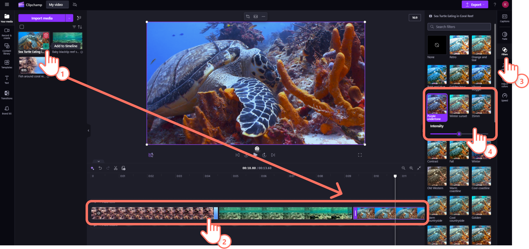 A user adding a filter to multiple videos in Clipchamp.