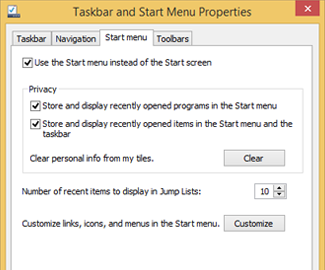 Taskbar and Start menu properties