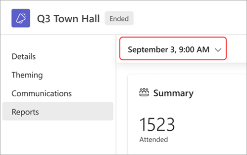 Screenshot highlighting UI of how to view town hall reports for a different date