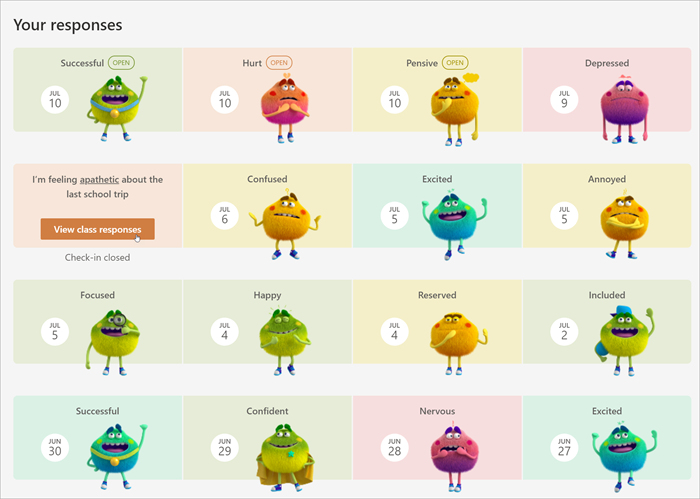 calendar view of students past responses, a variety of feelings monsters and their named emotions are shown. for closed responses, a button appears on hover that allows students to drill in and see how their classmates responded. 