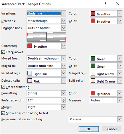 Advanced track changes options dialog