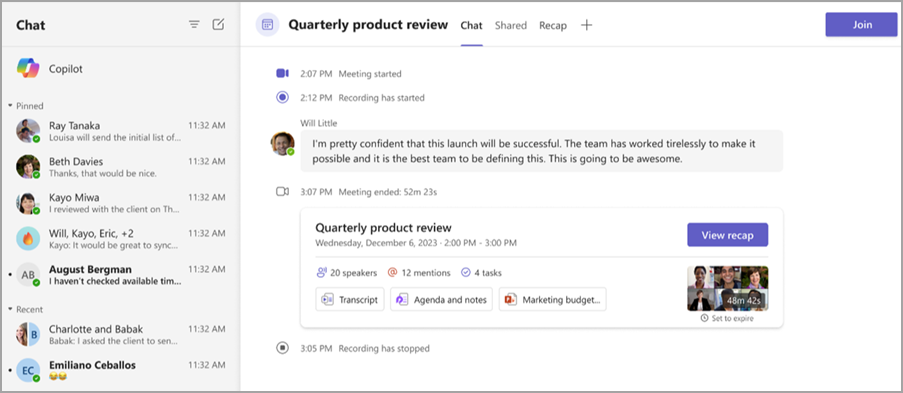 Screenshot showing meeting recap features in a meeting chat.