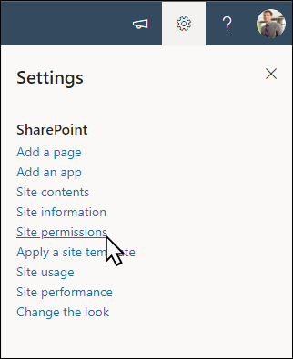 Preview of accessing site permissions through settings