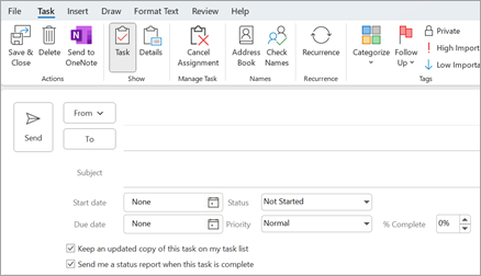 On the navigation bar, select Tasks, and then select New Task, open an existing task, or use the keyboard shortcut Ctrl+Shift+K.