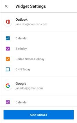 How do I add the Outlook for Android Calendar widget to my home screen