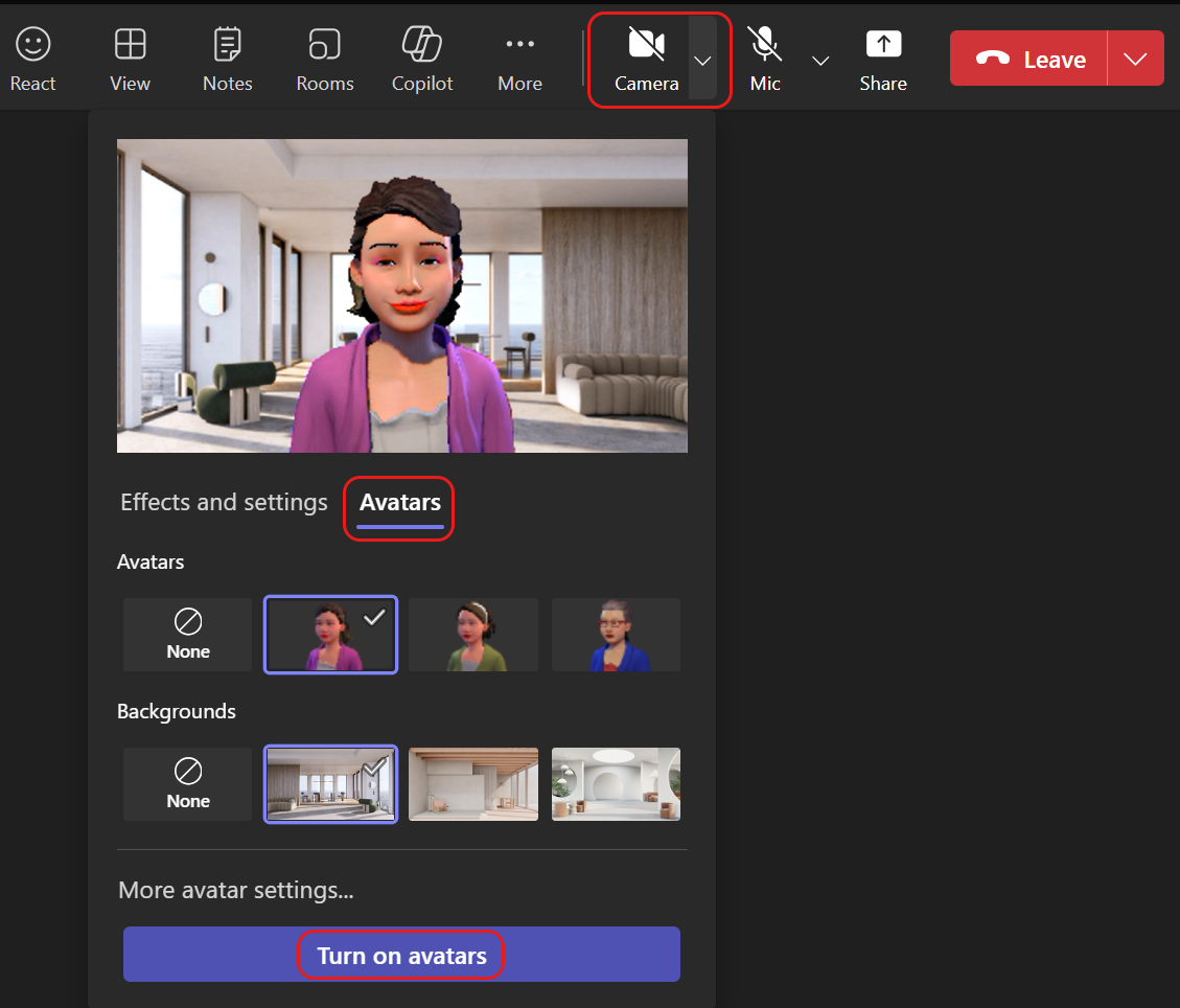 Turn on your avatar while inside a meeting from the Camera drop down menu.