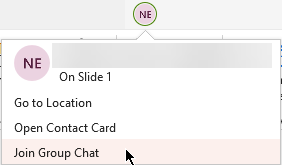 You can open a group chat in Microsoft Teams by selecting a collaborator's picture in the in the upper right Sharing corner, and then selecting Join Group Chat.