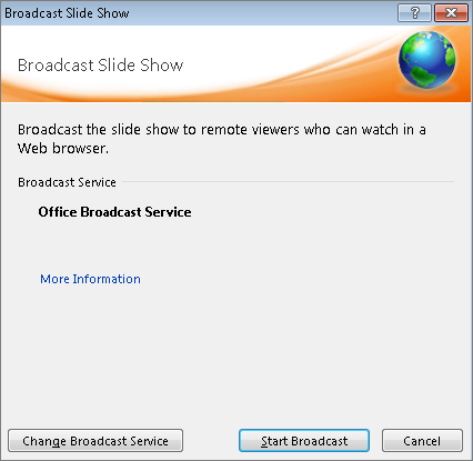 Shows the Broadcast Slide Show dialog box in PowerPoint 2010
