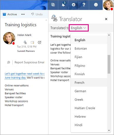 Select the language to which your message text will be translated in Outlook.com and Outlook on the web