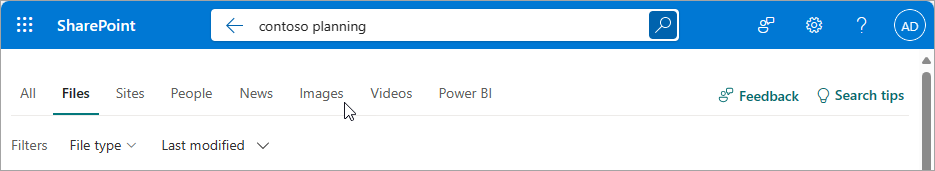 When you search in SharePoint, filters appear to help refine your search.