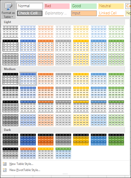 Excel Table Style Gallery