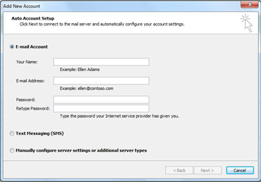 Add New Account dialog box with E-mail account selected