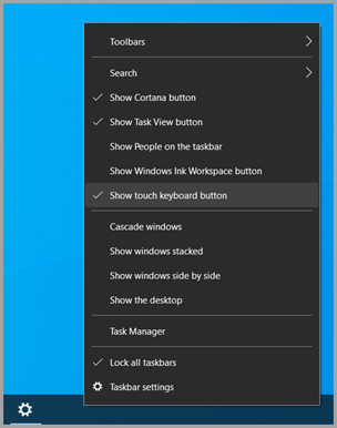 Where to find the "Show touch keyboard button" option on the Taskbar.