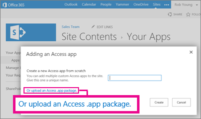 Uploading an Access app package to the Add an app page on a SharePoint site
