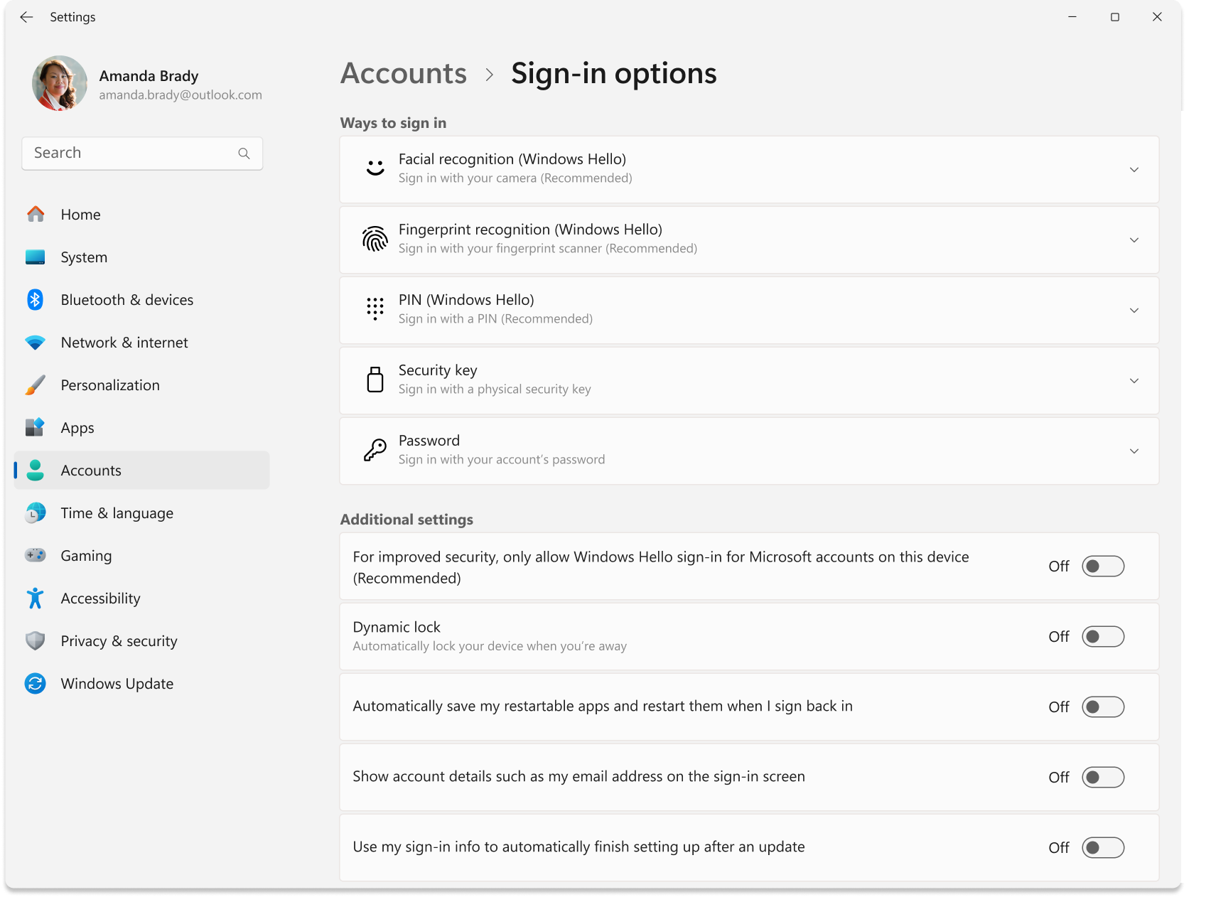 Screenshot of the Settings > Sign-in options screen.