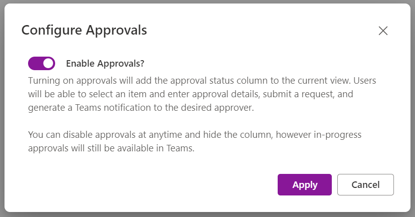 Dialog option to Enable Approvals