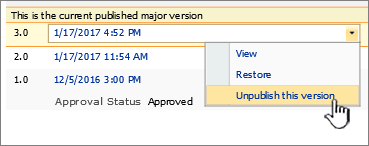 Published file dropdown with unpublish this version option highlighted