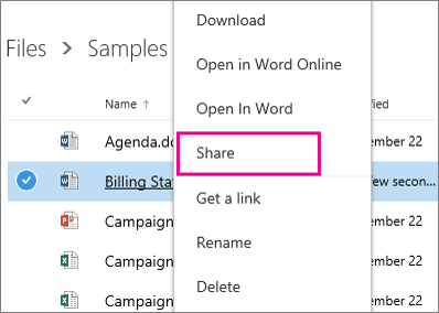 The OneDrive for Business Share command