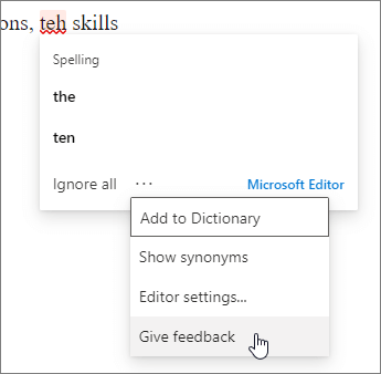 Select the Give feedback command in Editor