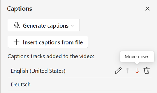 Move down button for a captions track in the Captions pane.