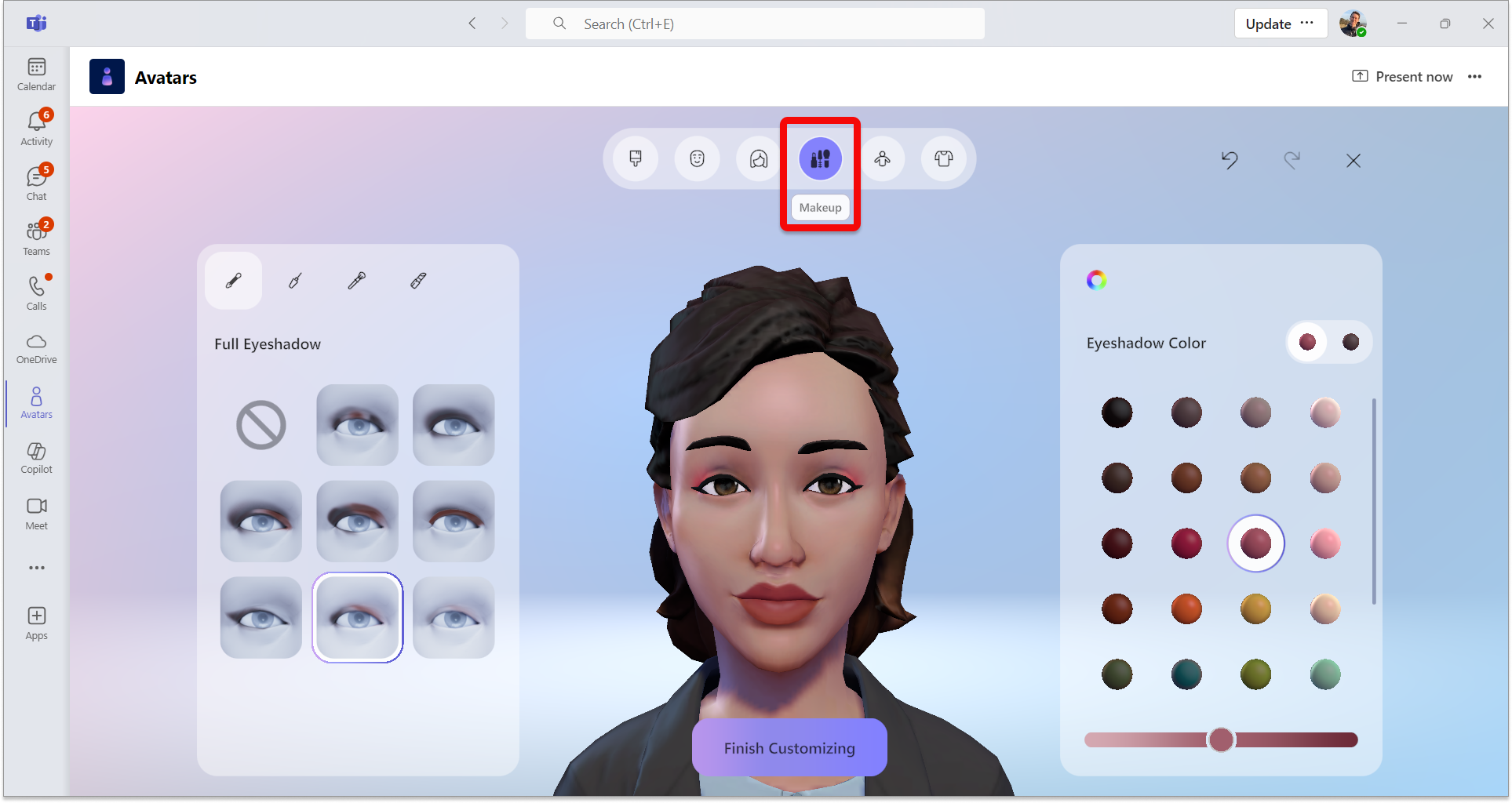 Screenshot of avatars app in Teams with the makeup category selected.