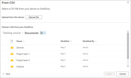 Screenshot of From CSV screen. In the top part of the screen is the Upload file button. In the bottom half is a list of OneDrive files.