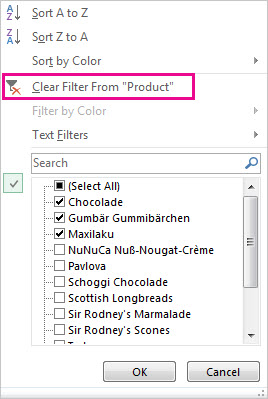 Filter gallery showing Clear Filter command