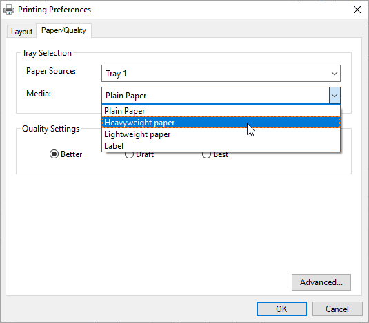 Windows system print dialog preferences