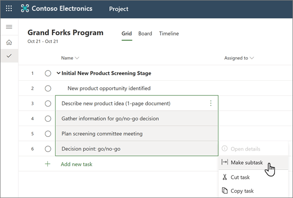 The Make Sub-Task menu selection within a project in Project