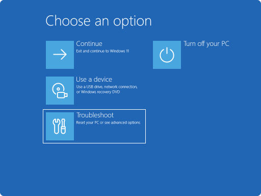 Screenshot of Windows RE - choose an option.