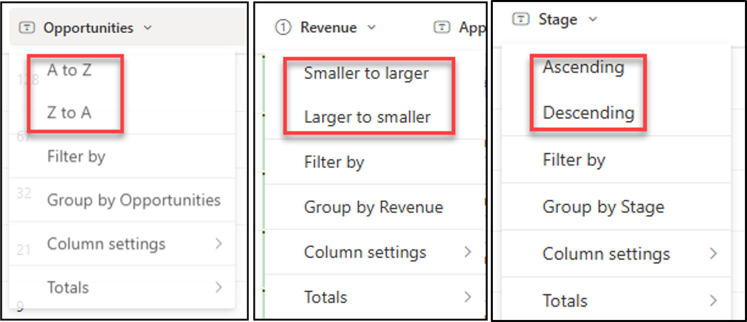 screenshot of Sorting options by column types