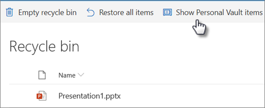 OneDrive Recycle Bin view showing the 'Show personal vault items' option