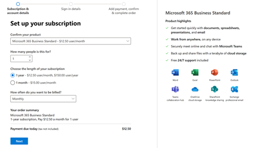 Purchasing Microsoft 365 Business subscription