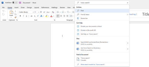 Voice Search in Word showing search results for a specific file.
