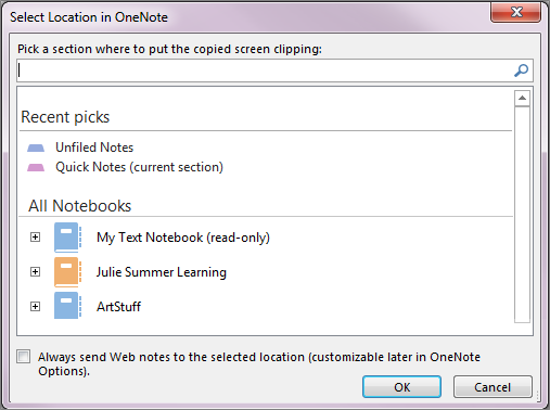 The Select Location in OneNote dialog box