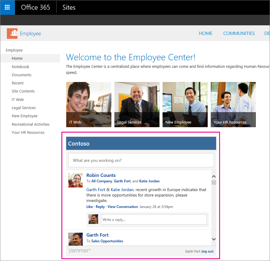 A Yammer My feed embedded in a SharePoint page