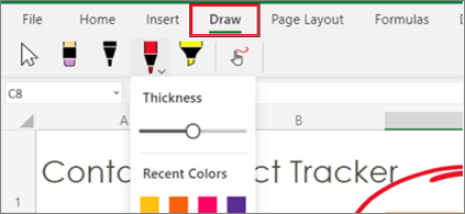Screenshot of Draw menu in Excel for the web