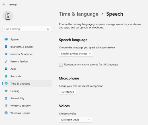 The speech settings menu in Windows 11