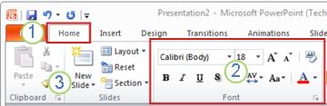 An example of the PowerPoint ribbon. Elements.
