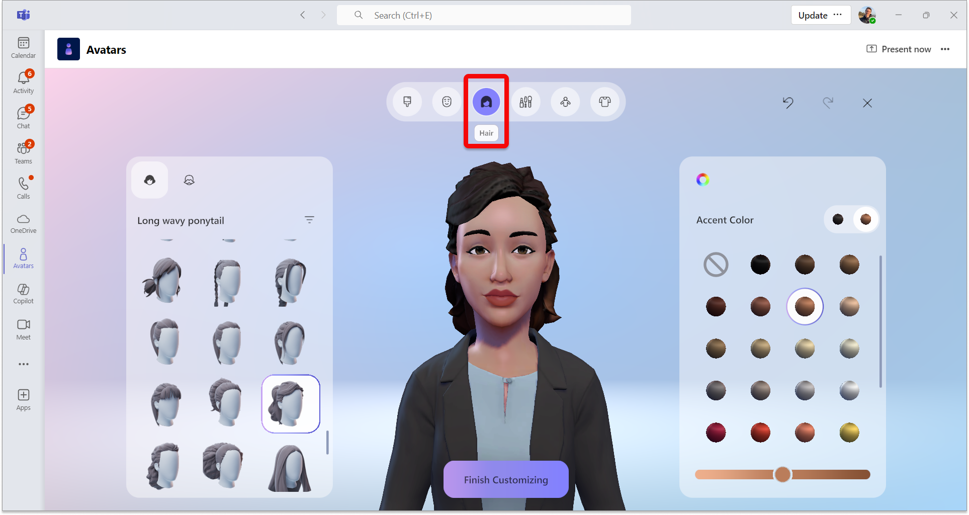 Screenshot of avatars app in Teams showing the Hair category options.