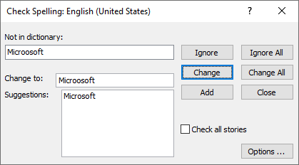 Screenshot of the Check spelling dialog box in Publisher