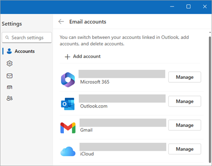 Screenshot of Settings window showing option to Manage accounts in new Outlook